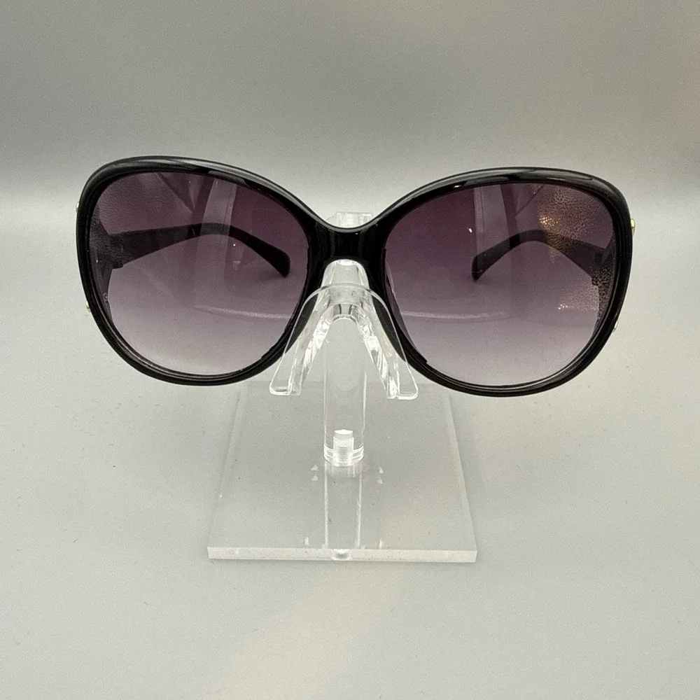 Oversized Round Black Sunglasses Gold Sculptural Temple Purple Gradient Lens HOT